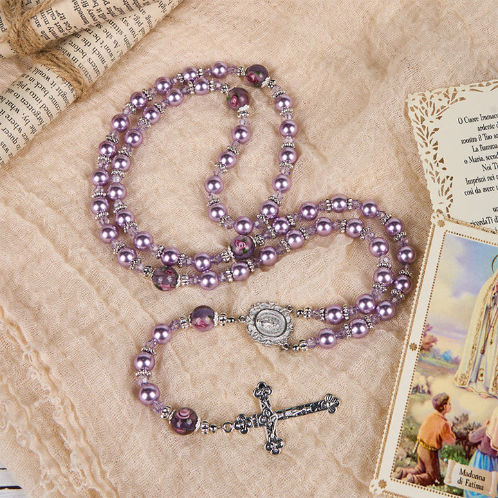 Christianartworkshop Miraculous Medal & Crucifix 8mm Purple Pearl & Crystal Rosary - Sacred Beads for Holy Prayer