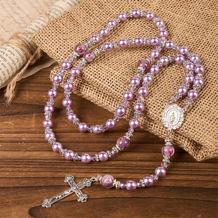 Christianartworkshop Miraculous Medal & Crucifix 8mm Purple Pearl & Crystal Rosary - Sacred Beads for Holy Prayer