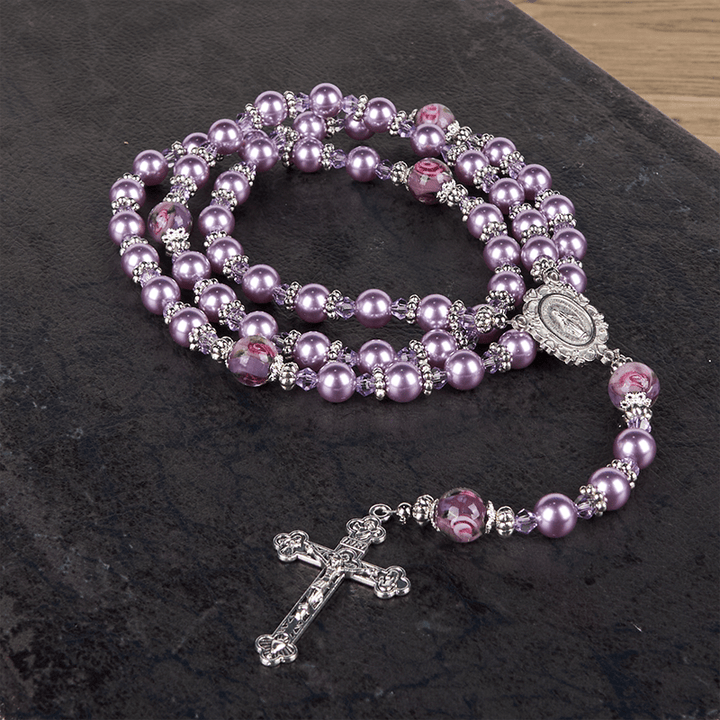 Christianartworkshop Miraculous Medal & Crucifix 8mm Purple Pearl & Crystal Rosary - Sacred Beads for Holy Prayer