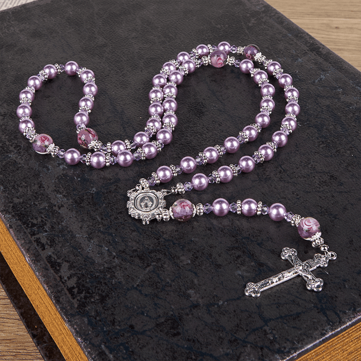 Christianartworkshop Miraculous Medal & Crucifix 8mm Purple Pearl & Crystal Rosary - Sacred Beads for Holy Prayer