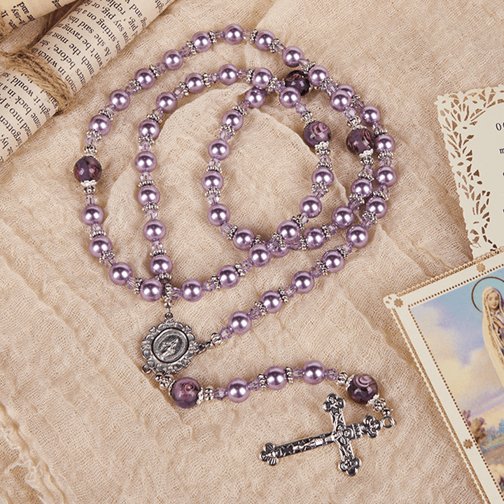 Christianartworkshop Miraculous Medal & Crucifix 8mm Purple Pearl & Crystal Rosary - Sacred Beads for Holy Prayer