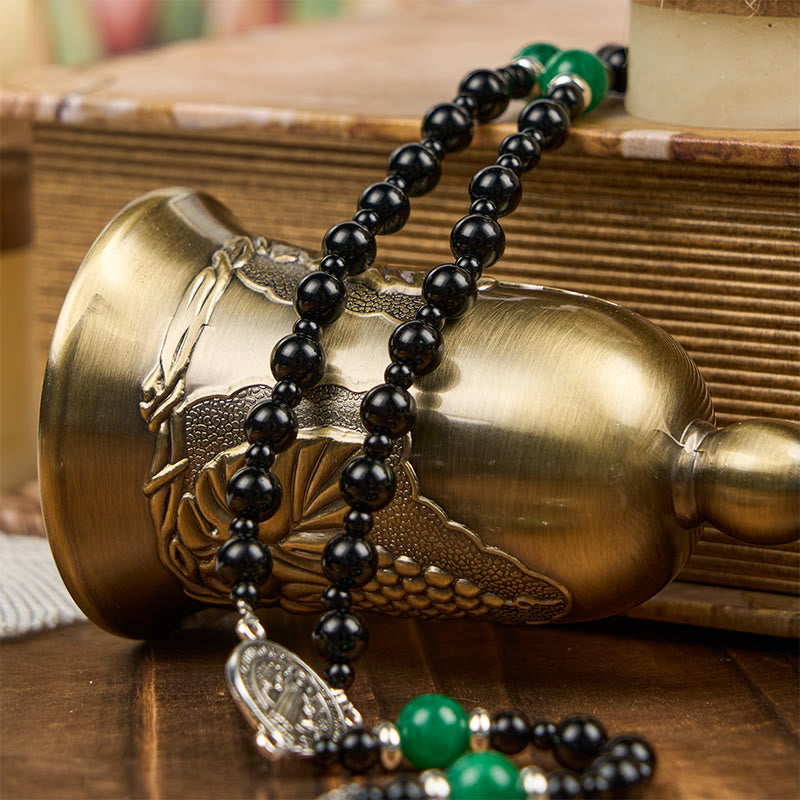 Christianartworkshop St. Benedict & Crucifix of 8mm Obsidian & Jade Handmade Bead Rosary - Faith and Sacred Connection - image 9