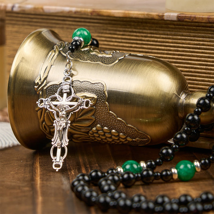 Christianartworkshop St. Benedict & Crucifix of 8mm Obsidian & Jade Bead Rosary - Faith and Sacred Connection