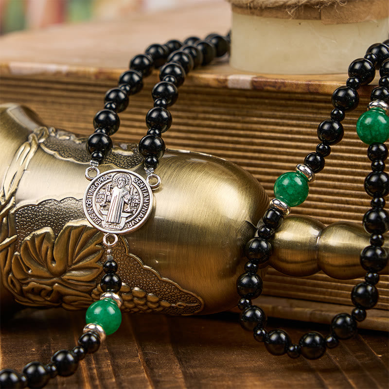 Christianartworkshop St. Benedict & Crucifix of 8mm Obsidian & Jade Bead Rosary - Faith and Sacred Connection