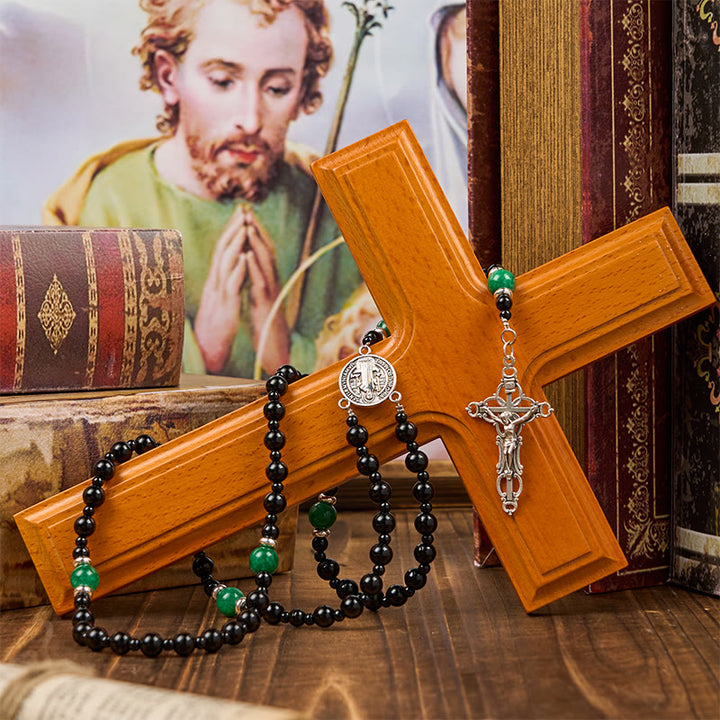 Christianartworkshop St. Benedict & Crucifix of 8mm Obsidian & Jade Bead Rosary - Faith and Sacred Connection