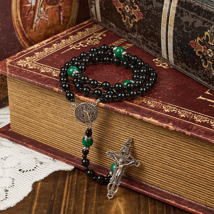 Christianartworkshop St. Benedict & Crucifix of 8mm Obsidian & Jade Bead Rosary - Faith and Sacred Connection