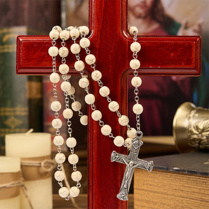 Christianartworkshop Miraculous Medal & Crucifix of 8mm White Pine Prayer Beads Rosary