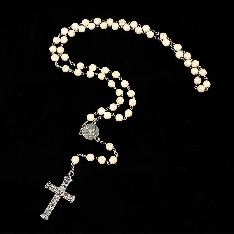 Christianartworkshop Miraculous Medal & Crucifix of 8mm White Pine Prayer Beads Rosary