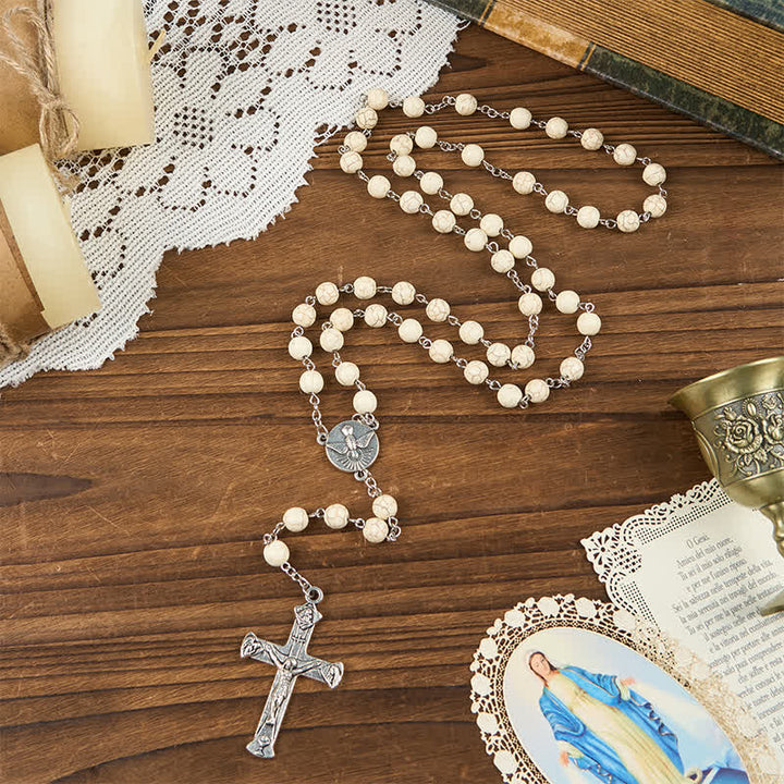 Christianartworkshop Miraculous Medal & Crucifix of 8mm White Pine Prayer Beads Rosary