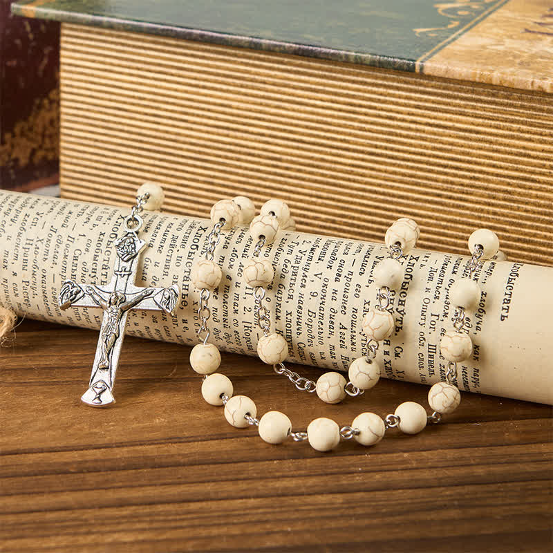 Christianartworkshop Miraculous Medal & Crucifix of 8mm White Pine Prayer Beads Rosary