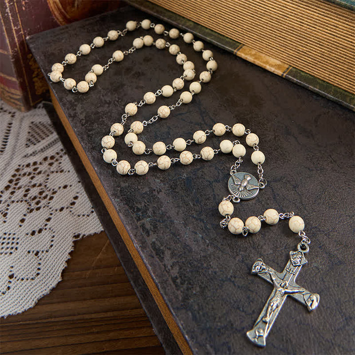 Christianartworkshop Miraculous Medal & Crucifix of 8mm White Pine Prayer Beads Rosary