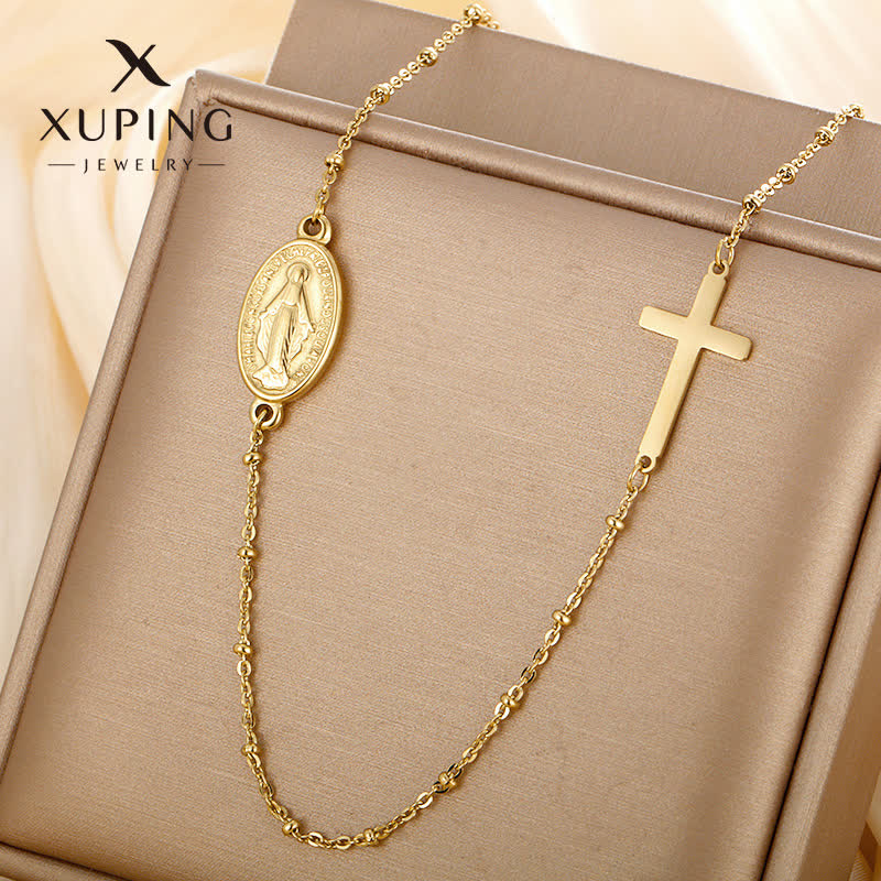 Christianartworkshop Elegant Gold-Tone Miraculous Medal&Simple Cross Pendant Necklace