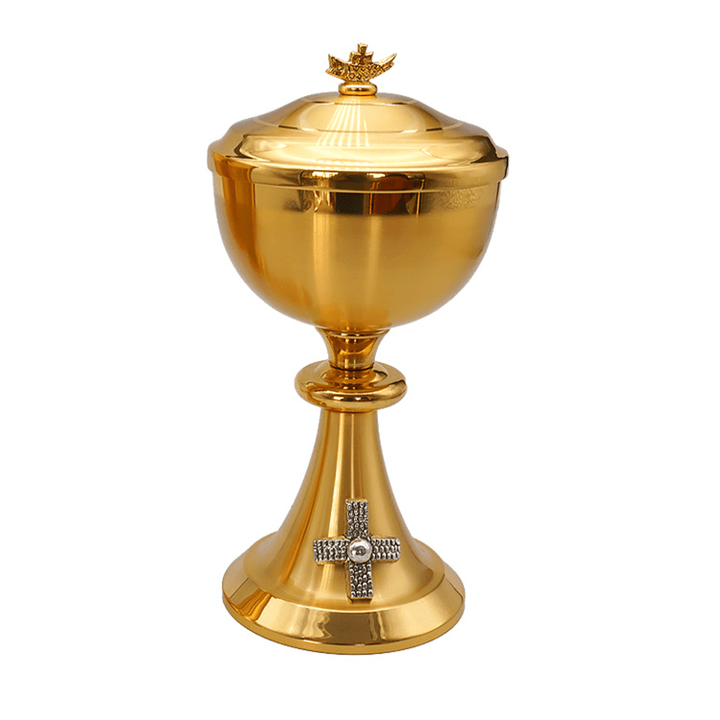 Christianartworkshop Exquisite Gold-Tone Cross-Adorned Chalice and Pyx  - Divine Vessels for Sacred Communion