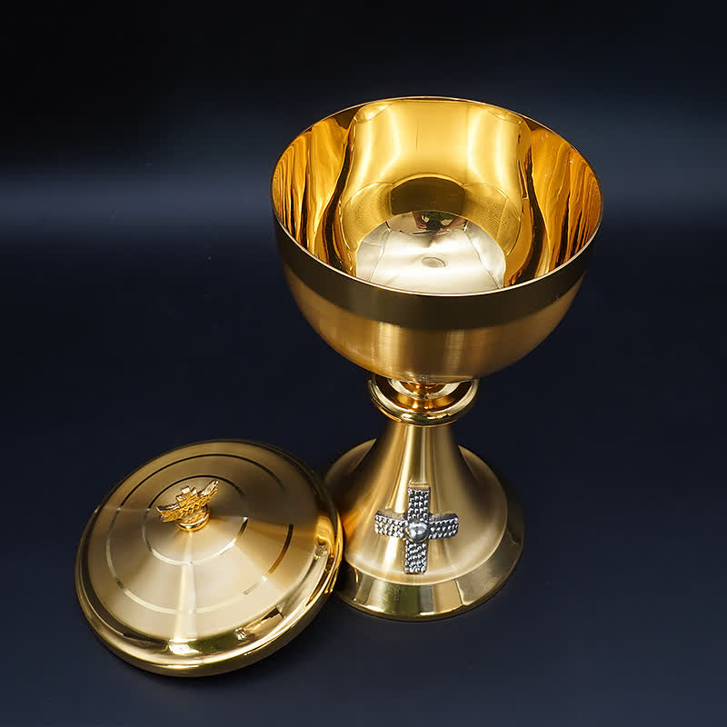 Christianartworkshop Exquisite Gold-Tone Cross-Adorned Chalice and Pyx  - Divine Vessels for Sacred Communion