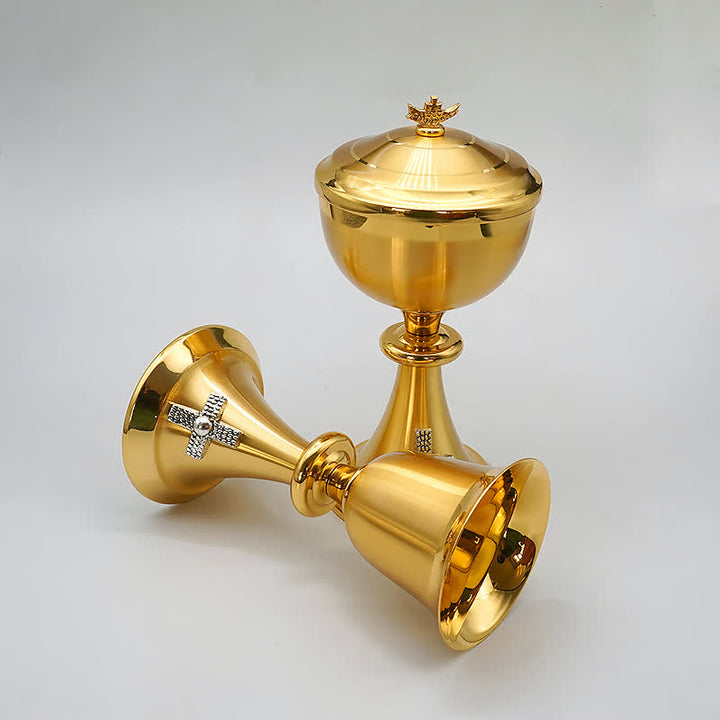 Christianartworkshop Exquisite Gold-Tone Cross-Adorned Chalice and Pyx  - Divine Vessels for Sacred Communion