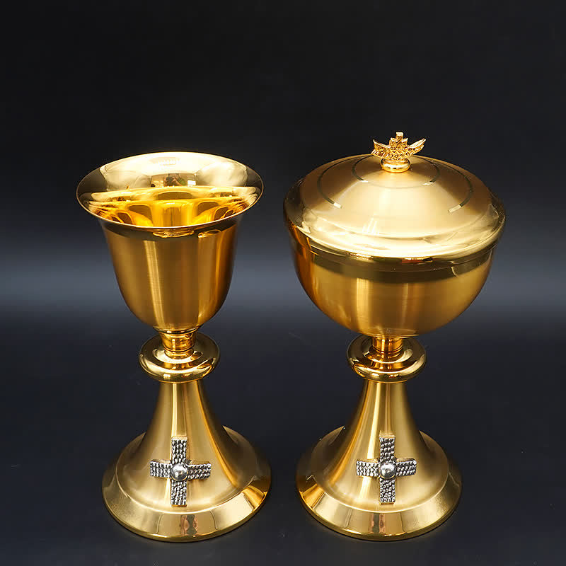 Christianartworkshop Exquisite Gold-Tone Cross-Adorned Chalice and Pyx  - Divine Vessels for Sacred Communion