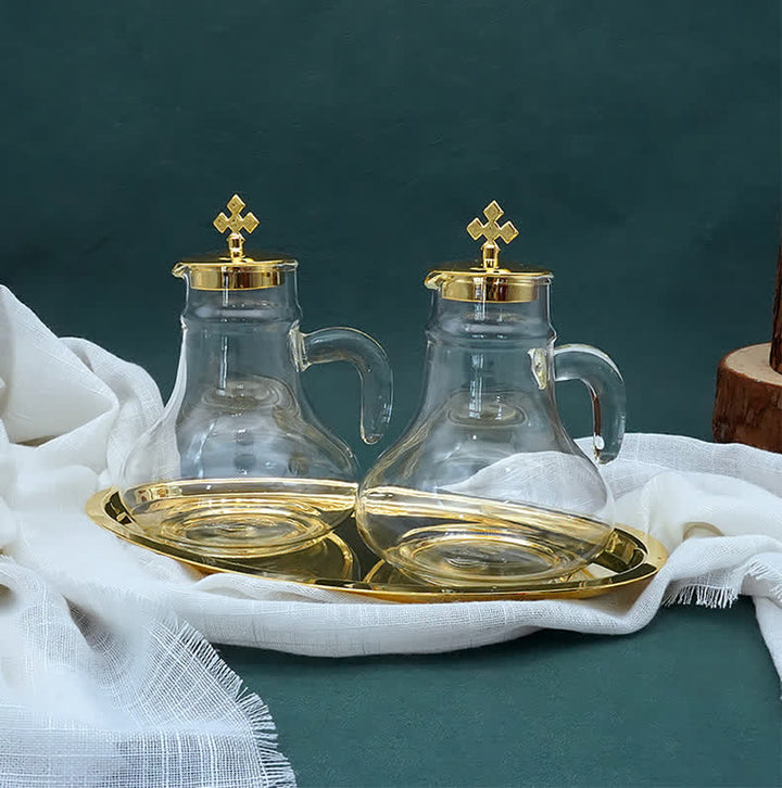 Christianartworkshop Elegant Brass-Trimmed Glass Cruet Set with Cross Motif - Traditional Worship Accessories