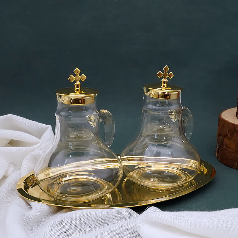 Christianartworkshop Elegant Brass-Trimmed Glass Cruet Set with Cross Motif - Traditional Worship Accessories