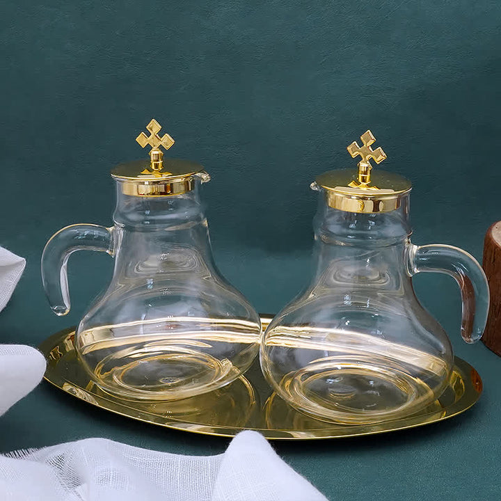 Christianartworkshop Elegant Brass-Trimmed Glass Cruet Set with Cross Motif - Traditional Worship Accessories