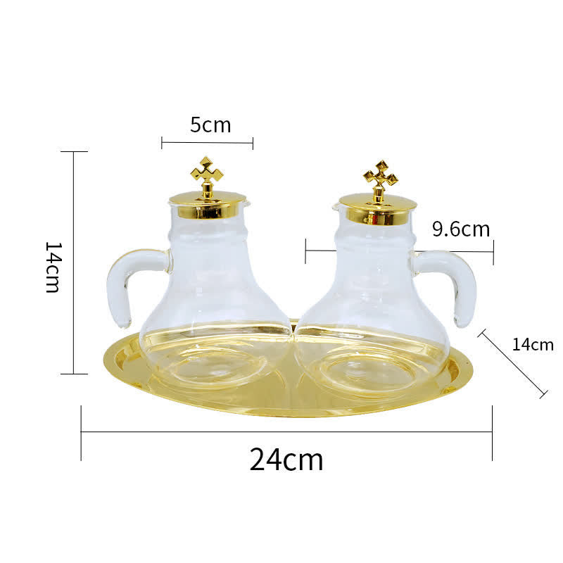 Christianartworkshop Elegant Brass-Trimmed Glass Cruet Set with Cross Motif - Traditional Worship Accessories