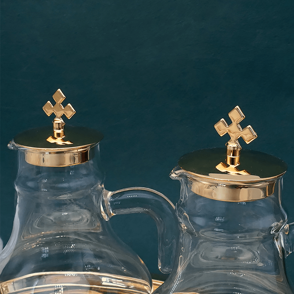 Christianartworkshop Elegant Brass-Trimmed Glass Cruet Set with Cross Motif - Traditional Worship Accessories