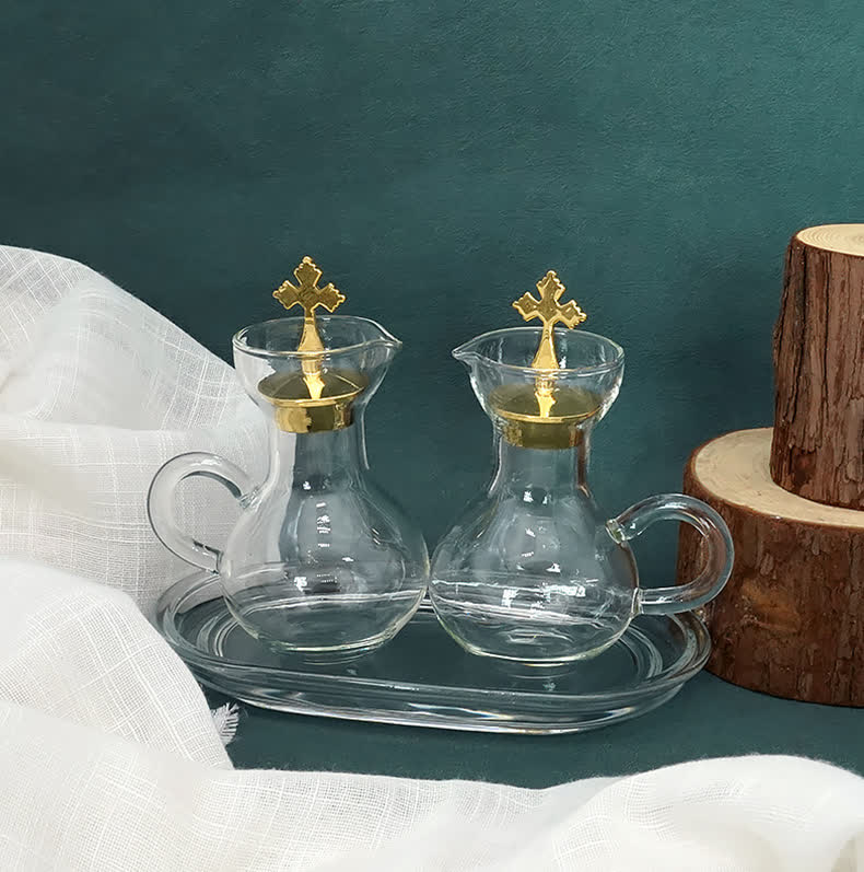 Christianartworkshop Graceful Gold-Accented Glass Cruet Set with Cross - Exquisite Sacramental Serveware