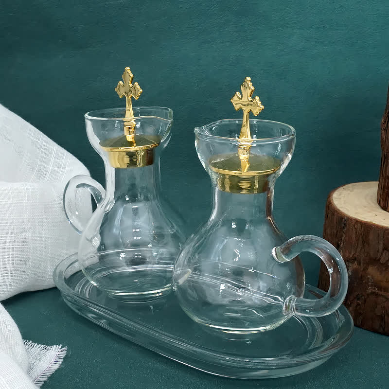 Christianartworkshop Graceful Gold-Accented Glass Cruet Set with Cross - Exquisite Sacramental Serveware