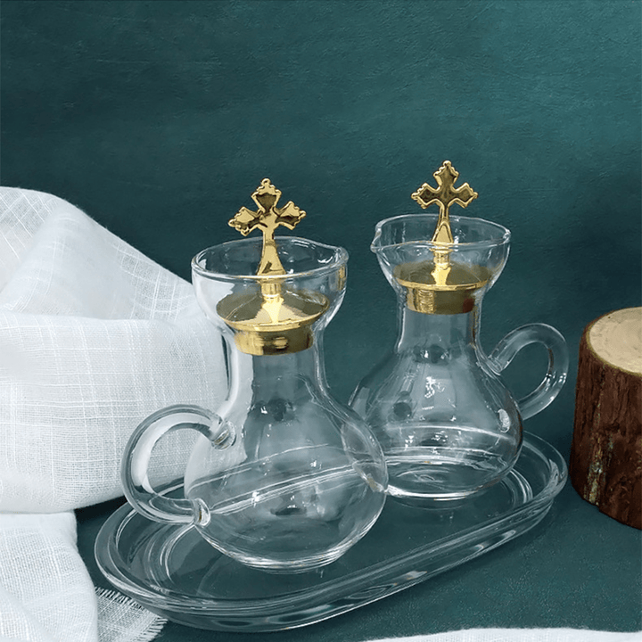 Christianartworkshop Graceful Gold-Accented Glass Cruet Set with Cross - Exquisite Sacramental Serveware