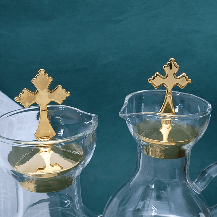 Christianartworkshop Graceful Gold-Accented Glass Cruet Set with Cross - Exquisite Sacramental Serveware