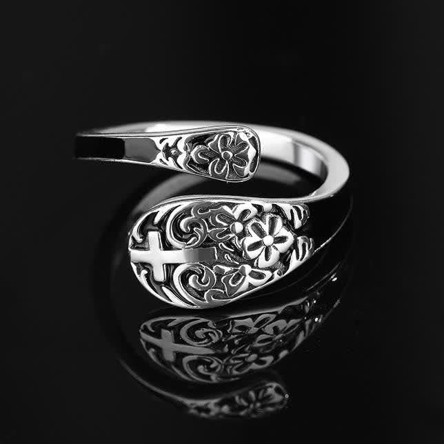 Christianartworkshop Adjustable 925 Sterling Silver Engraved Cross Ring - Elegance in Devotion