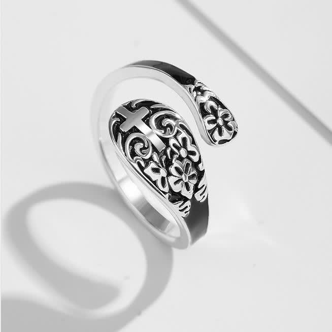 Christianartworkshop Adjustable 925 Sterling Silver Engraved Cross Ring - Elegance in Devotion