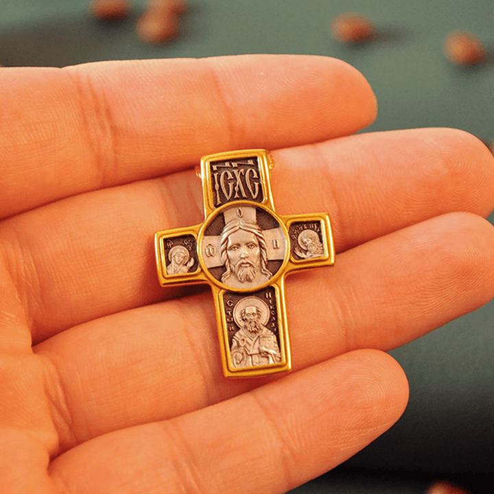 Christianartworkshop Two-Sided Gold-Tone Jesus&Saint Icon with St. Micheal Pendant Necklace