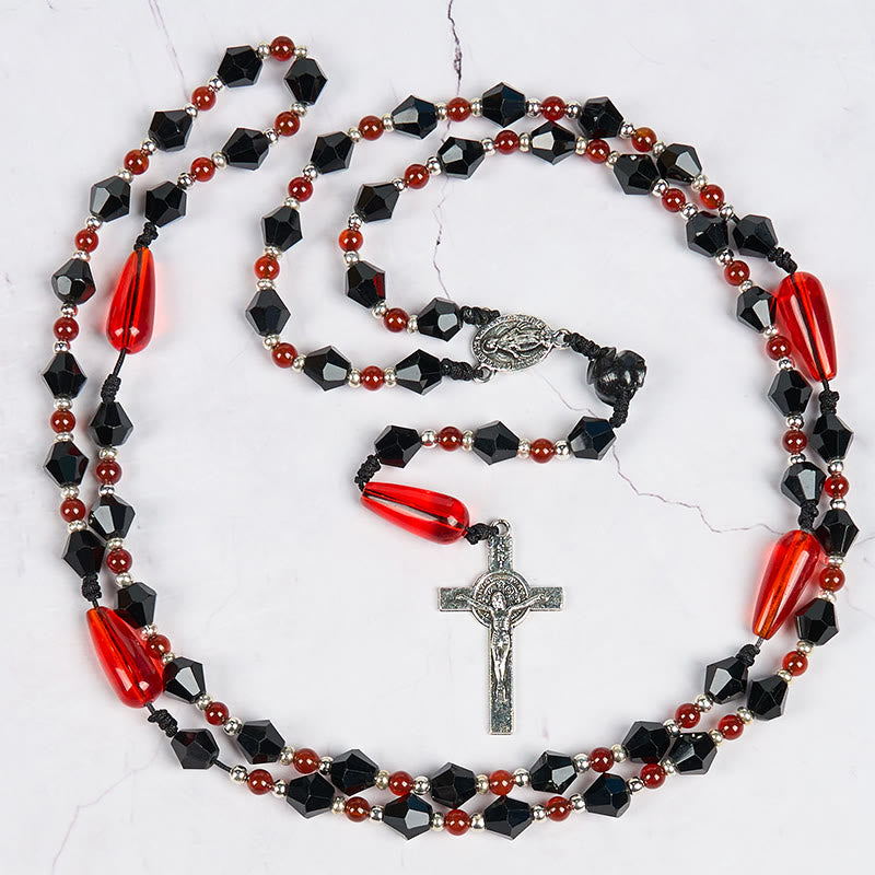 Christianartworkshop Miraculous Medal & Crucifix of 8 mm Polyhedron Black Red Acrylic Nylon Cord Rosary