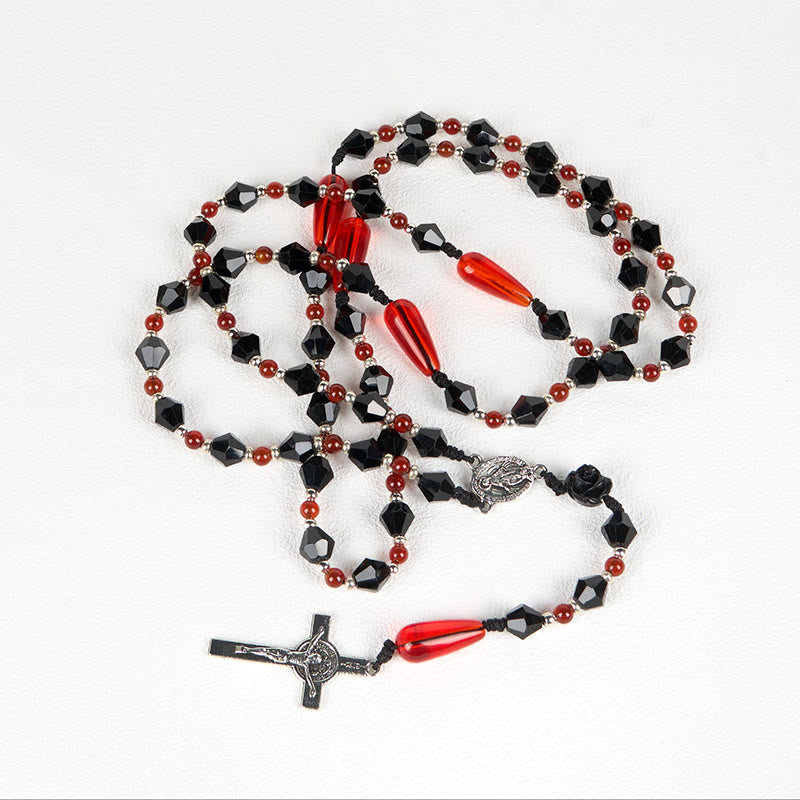 Christianartworkshop Miraculous Medal & Crucifix of 8 mm Polyhedron Black Red Acrylic Nylon Cord Rosary