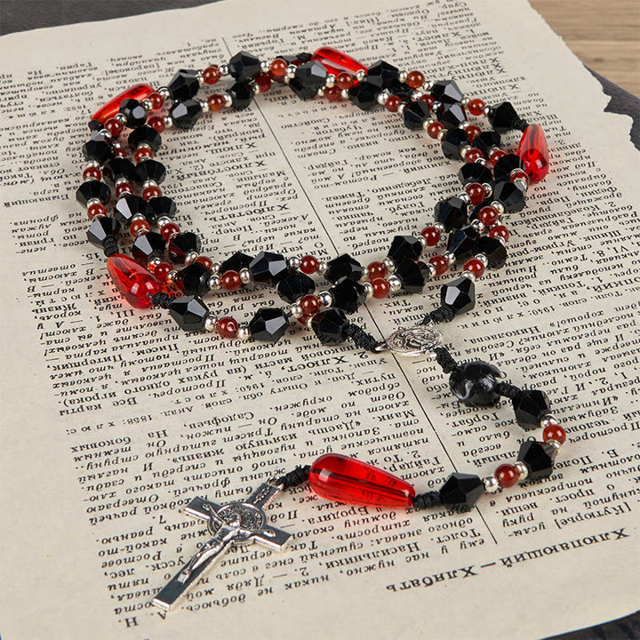 Christianartworkshop Miraculous Medal & Crucifix of 8 mm Polyhedron Black Red Acrylic Nylon Cord Rosary