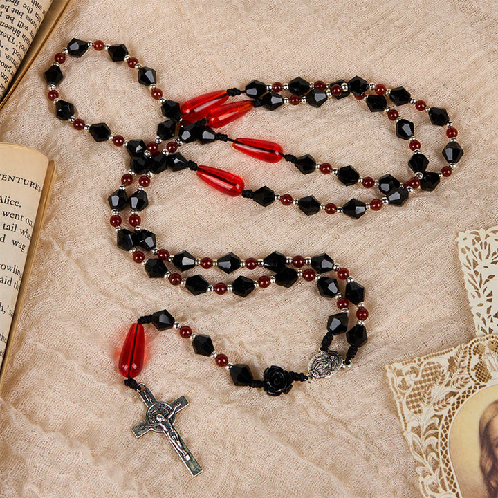 Christianartworkshop Miraculous Medal & Crucifix of 8 mm Polyhedron Black Red Acrylic Nylon Cord Rosary