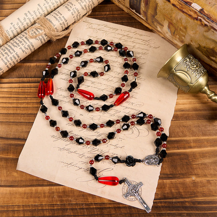 Christianartworkshop Miraculous Medal & Crucifix of 8 mm Polyhedron Black Red Acrylic Nylon Cord Rosary