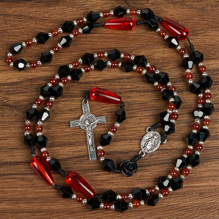 Christianartworkshop Miraculous Medal & Crucifix of 8 mm Polyhedron Black Red Acrylic Nylon Cord Rosary