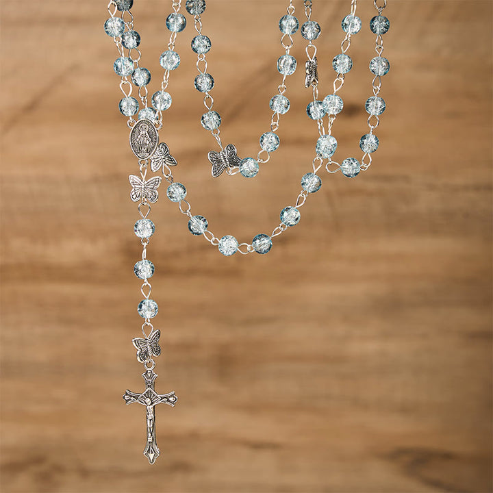 FREE Today: Immaculate Heart of Mary & Crucifix of 8 mm Round Ice Cracked Popping Beads Blue Alloy Chain Rosary