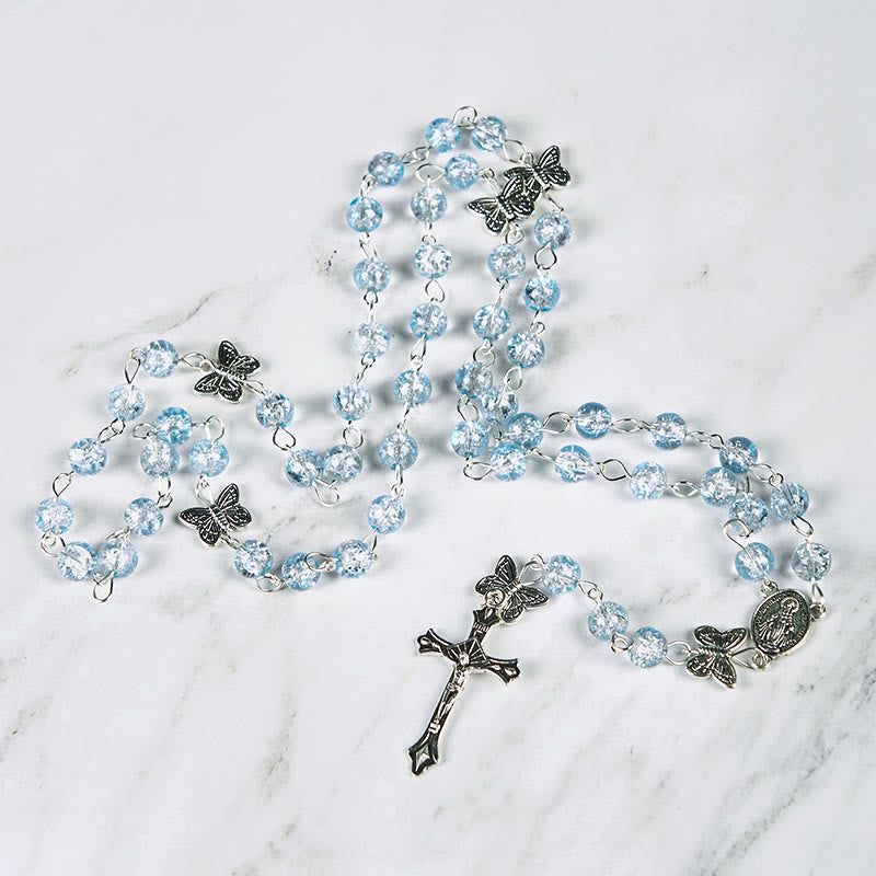 FREE Today: Immaculate Heart of Mary & Crucifix of 8 mm Round Ice Cracked Popping Beads Blue Alloy Chain Rosary