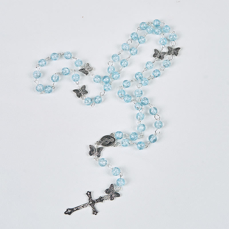 FREE Today: Immaculate Heart of Mary & Crucifix of 8 mm Round Ice Cracked Popping Beads Blue Alloy Chain Rosary