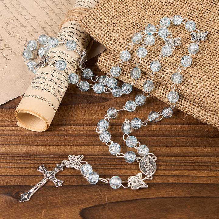 FREE Today: Immaculate Heart of Mary & Crucifix of 8 mm Round Ice Cracked Popping Beads Blue Alloy Chain Rosary