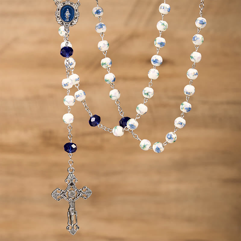 FREE Today: Miraculous Medal & Crucifix of 8 mm Round Flower Ceramics Blue Alloy Chain Rosary