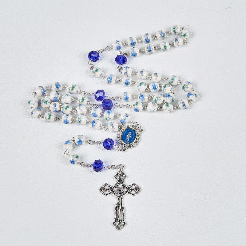 FREE Today: Miraculous Medal & Crucifix of 8 mm Round Flower Ceramics Blue Alloy Chain Rosary