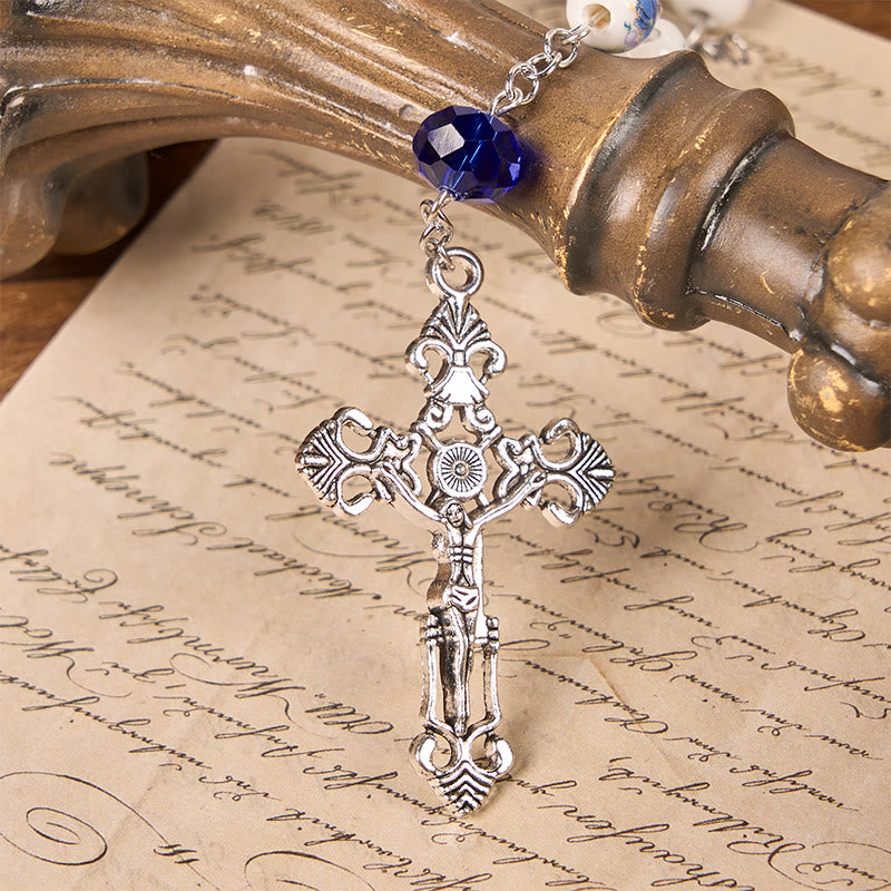 FREE Today: Miraculous Medal & Crucifix of 8 mm Round Flower Ceramics Blue Alloy Chain Rosary