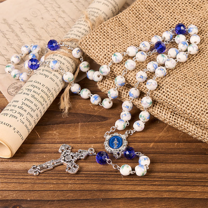 FREE Today: Miraculous Medal & Crucifix of 8 mm Round Flower Ceramics Blue Alloy Chain Rosary