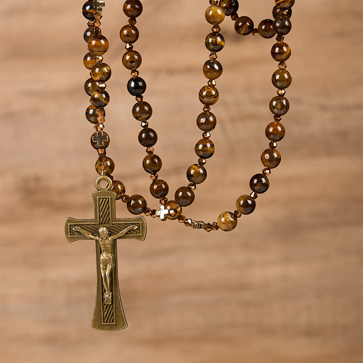 Christianartworkshop St. Benedict Medal & Crucifix of 8 mm Round Brown Tiger's Eye Alloy Chain Rosary