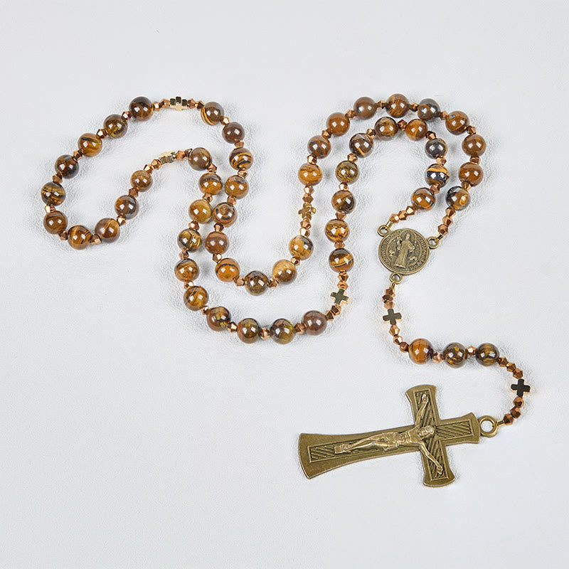 Christianartworkshop St. Benedict Medal & Crucifix of 8 mm Round Brown Tiger's Eye Alloy Chain Rosary