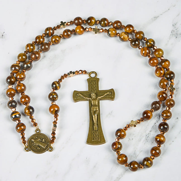 Christianartworkshop St. Benedict Medal & Crucifix of 8 mm Round Brown Tiger's Eye Alloy Chain Rosary