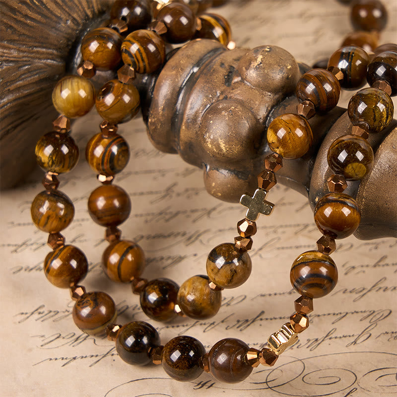 Christianartworkshop St. Benedict Medal & Crucifix of 8 mm Round Brown Tiger's Eye Alloy Chain Rosary